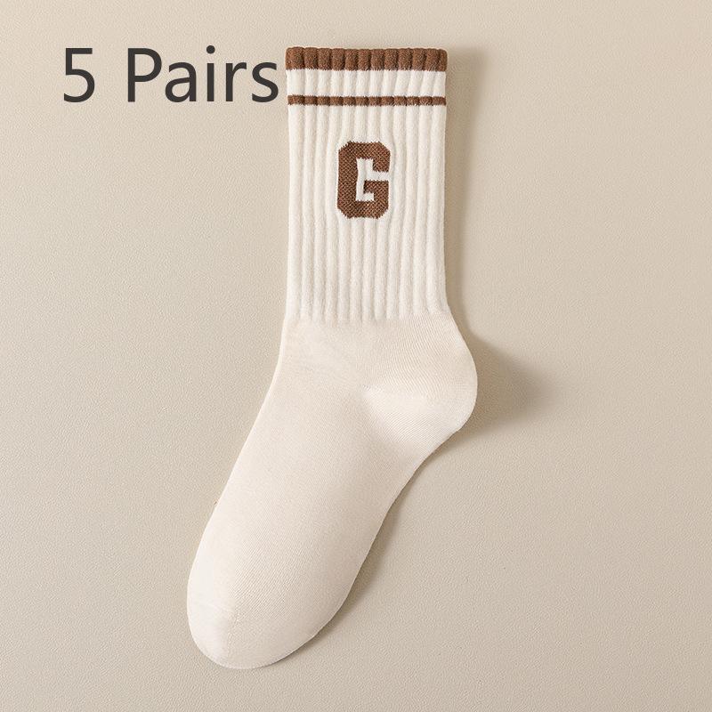 5 Pairs of Women's Spring and Summer New Trend Pure Cotton Sports Tube Socks