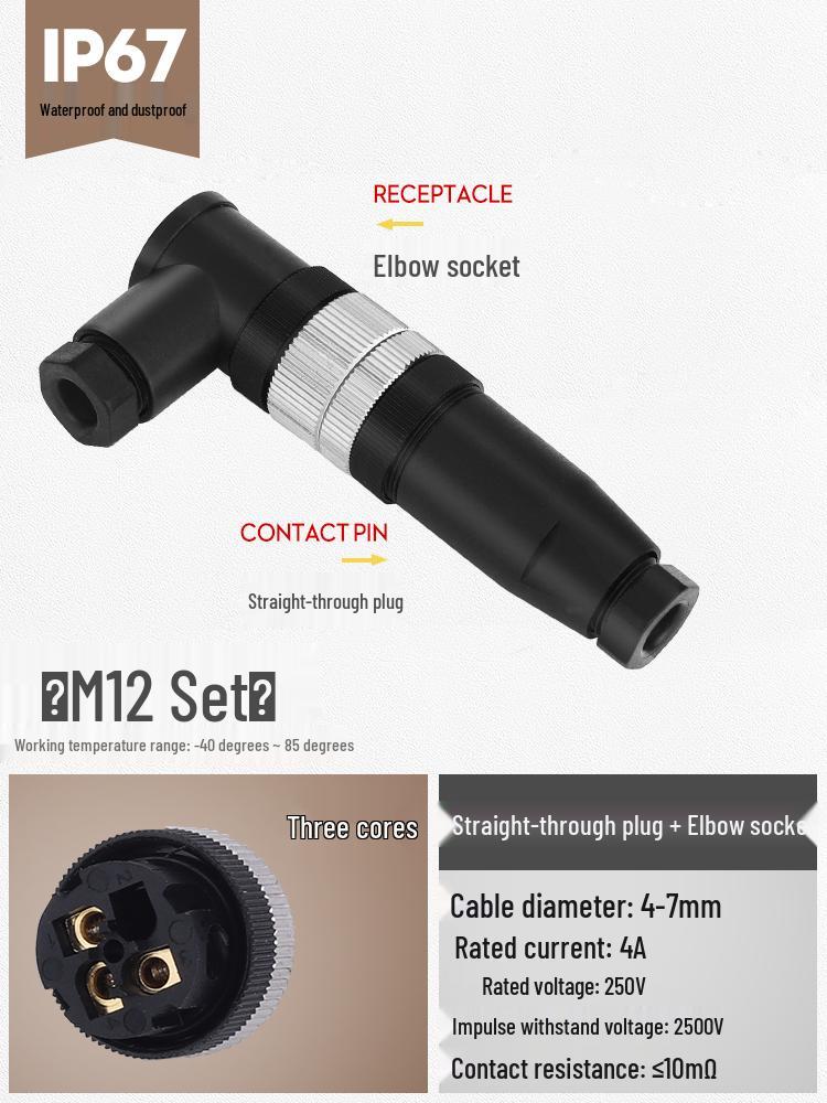 M12 Waterproof Sensor Connector: Male & Female Aviation Plug, 34-Pin, 5-Hole, 8P, Straight & Elbow, Three-Core Socket.