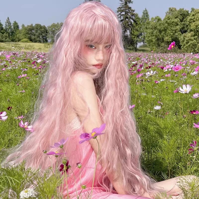Parrucca Lunga Ondulata Riccia con Frangia Parrucche Rosa per Donne Costume Cosplay Sintetica 40 pollici Parrucca Lolita