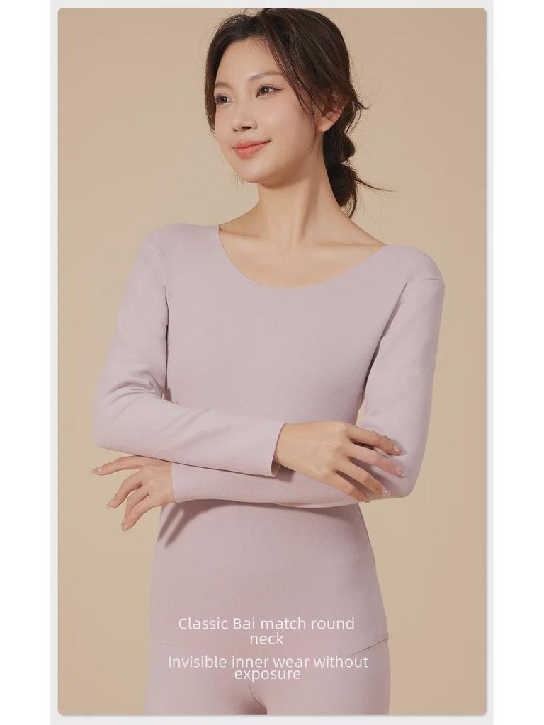 Damen Langarm Thermo-Oberteil aus deutschem Samt: Slim Fit, Rundhalsausschnitt, Einfarbig, Übergröße, Herbst/Winter Wärme.