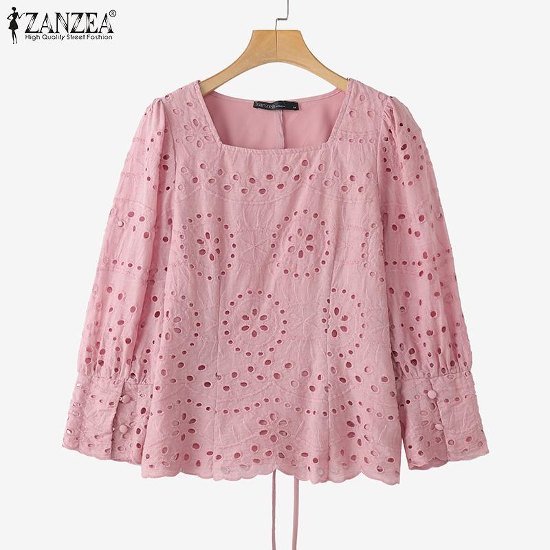 ZANZEA Women Casual Square Neck 3/4 Sleeve Loose Patchwork Lace Crochet Blouse