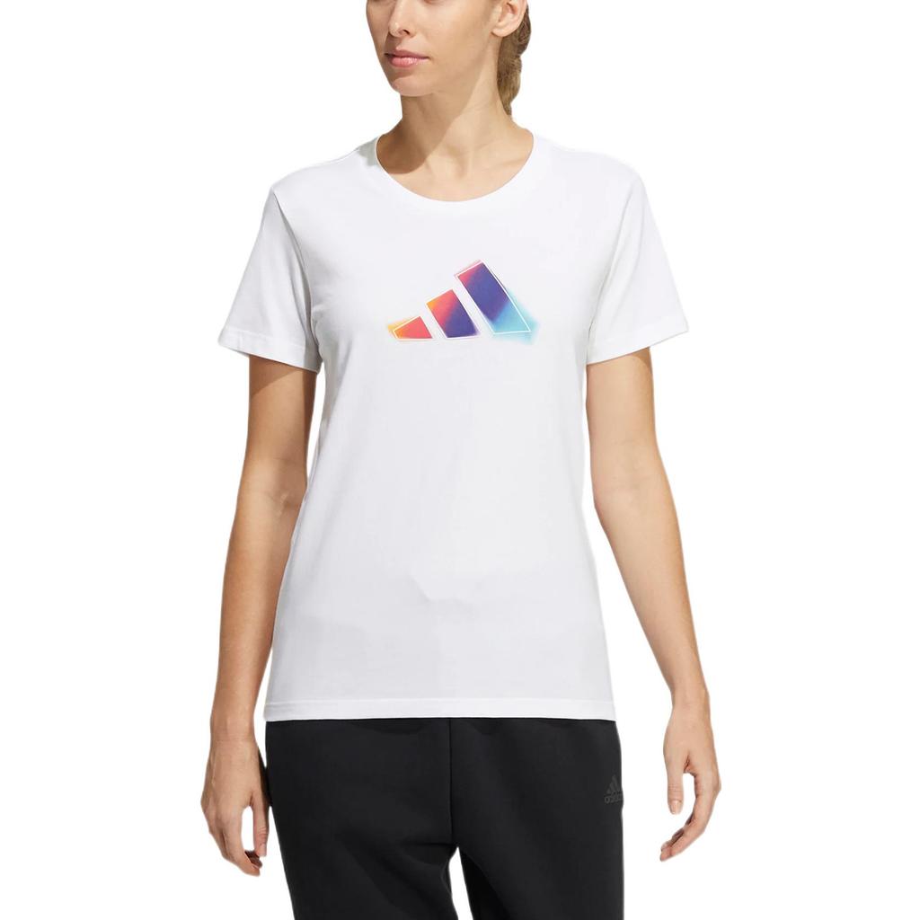 Adidas Solid Color Logo Round Neck Casual Short Sleeve T-Shirt Women Tops White HE9979