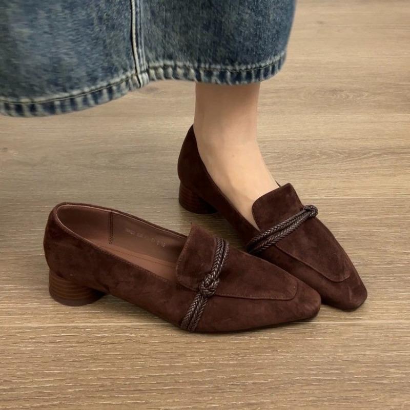 Ladies' Handmade Minimalist Suede Leather Shoes, Brown Velvet Leather Fried Surface Twisted Rope Women's Shoes