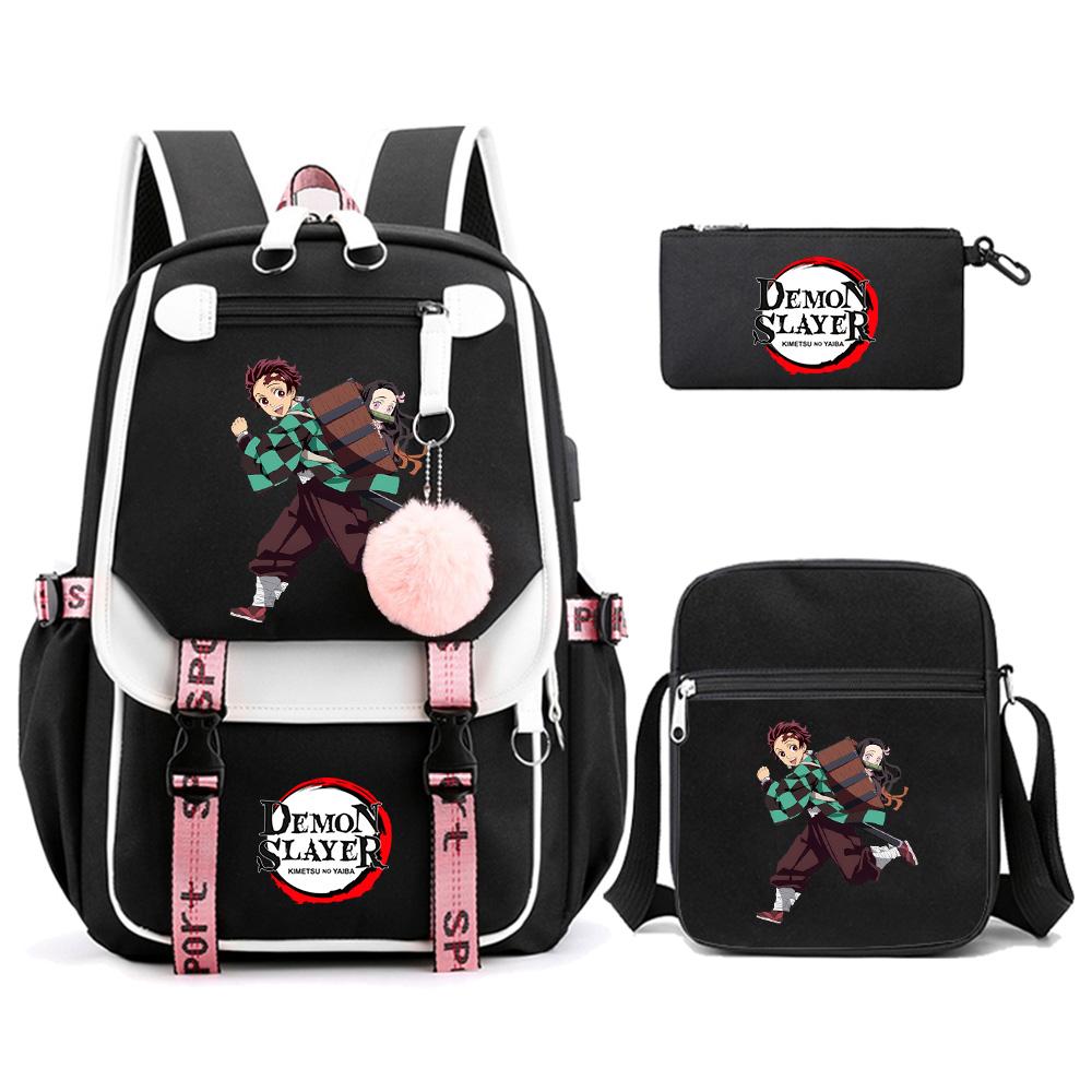 3 Stück/Set Anime Cartoon Demon Slayer Aufdruck Rucksack mit Umhängetasche für Teenager Schüler Große Kapazität Wasserdicht Schultasche Mochila
