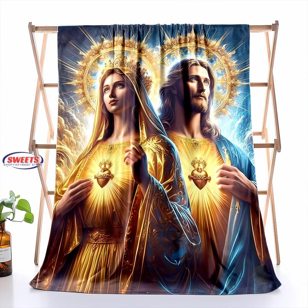 6 Size Merciful Virgin Mary Flannel Art Blanket, Home Sofa Office Nap Blanket for Four Seasons, Machine Washable Flannel Blanket
