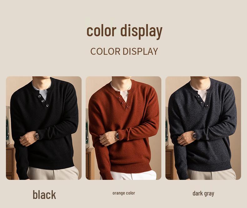 Men's Cashmere-Blend Thick Knit Sweater - Round Neck, Relaxed Fit, Faux Two-Piece, Casual Style