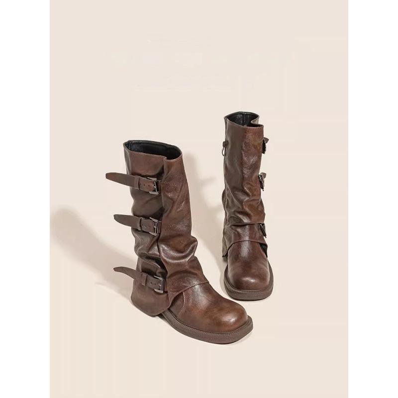 2025 Autumn and Winter New Retro Belt Buckle Western Cow Boots Wrinkled Boots Thick Heel Trouser Tube Boots Knight Boots Spice Girl Boots