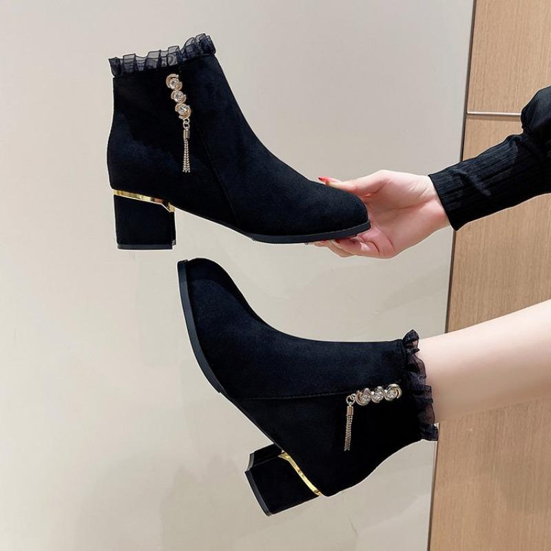

Ботильоны на толстом каблуке большого размера, элегантные модные ботинки из флисовой кожи, женская обувь 42