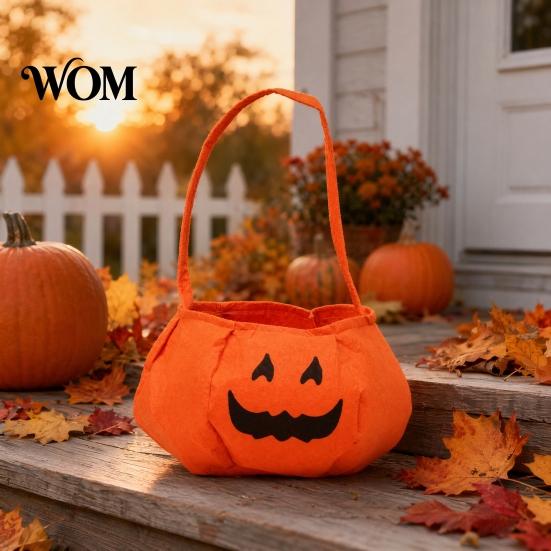 Flexible Hand Strap Bag Halloween Pumpkin Candy for Kids, Small Trick or Treat Bucket, Party Favor Soft Face Basket with Handle Decoration Stiff Tote