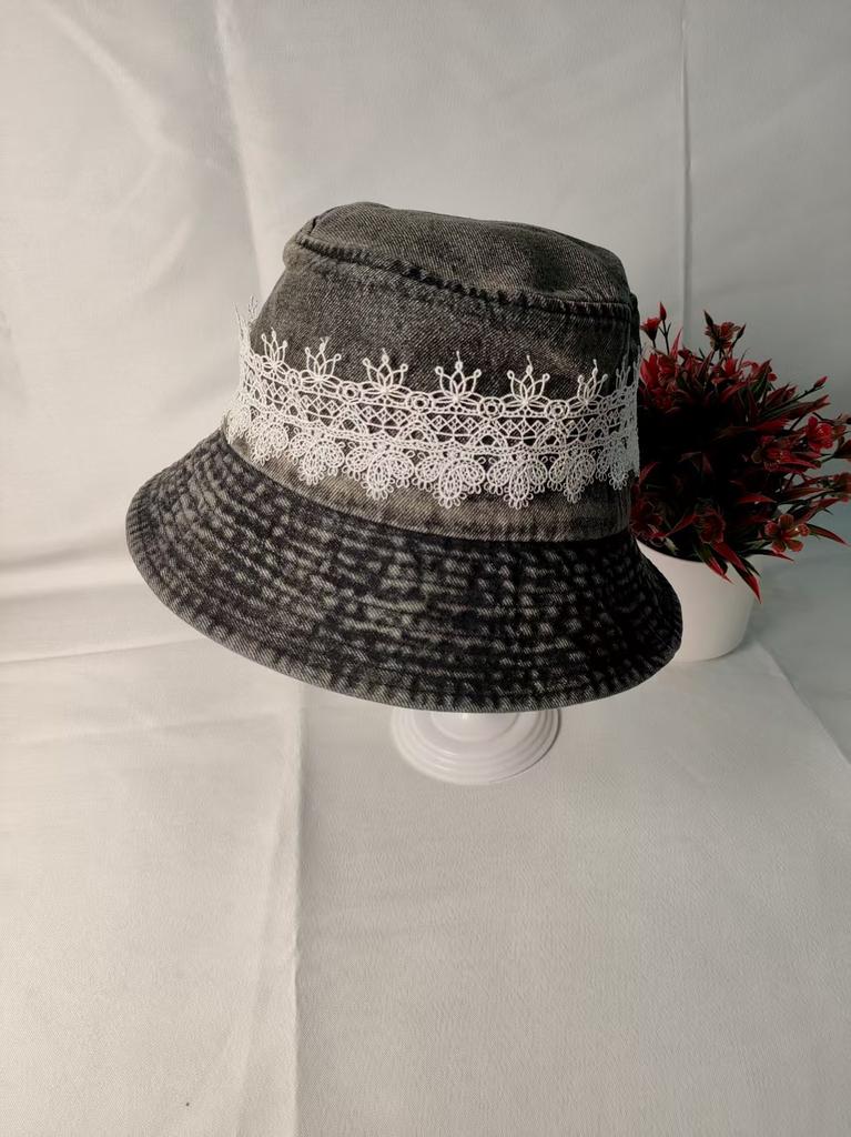 Versatile lace old washed denim bucket hat women spring and summer plain face covering face small bucket hat sunshade basin hat