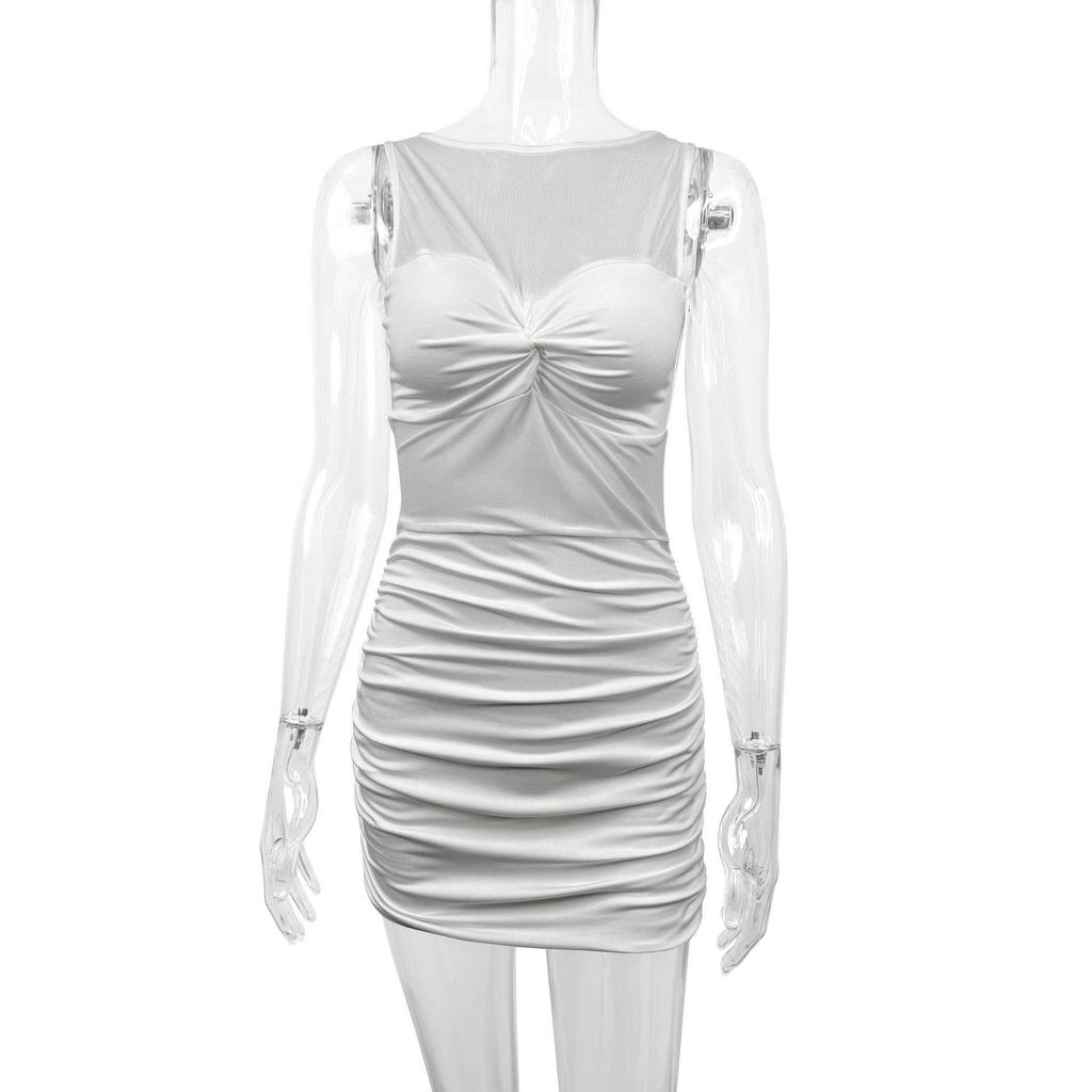 2025 Sexy Evropské a americké mini šaty s vysokým výstřihem, bez rukávů, ze síťoviny, pouzdrové