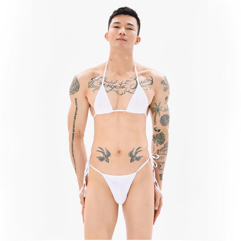Men's Sexy Sex Set Solid Color Bikini Split Split Lace-up Temptation Bra Temptation Bra Panty Combination