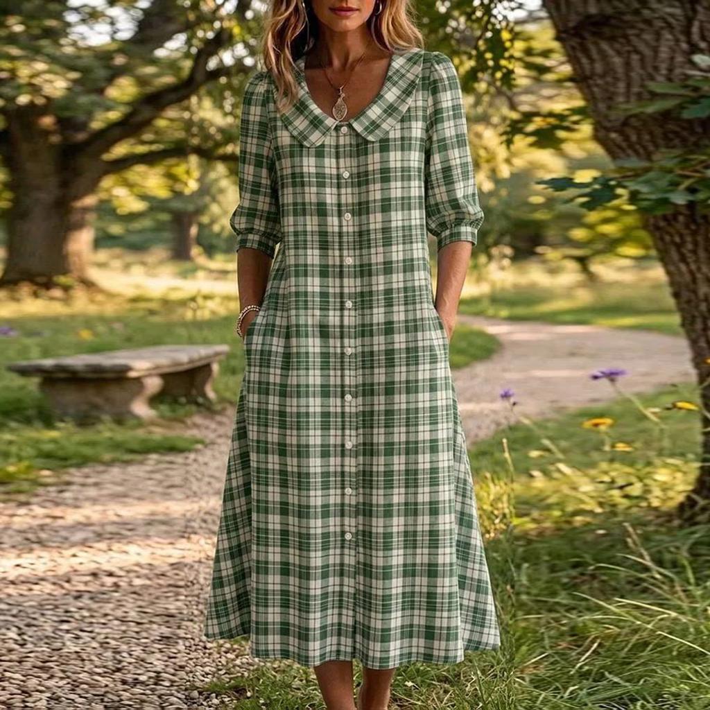 Women's Short Sleeve Plaid Dress - Lapel Collar Single Breasted Casual Button Down Dress