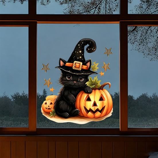 Halloween Static Window Cling, Cute Black Cat & Witch Hat Pumpkin Decal, Glue-Free Reusable Glass Sticker, Spooky Holiday Window Decor for Home,