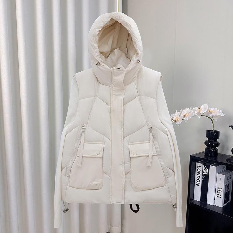 

Женский свободный короткий теплый пуховый жилет без рукавов с капюшономНовый осенне-зимний женский пуховый жилет 2XL бежевый