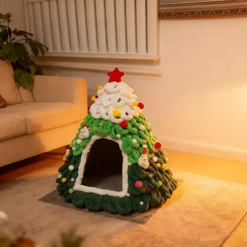 Handmade Christmas Tree House, Winter Warmth Indoor Bed with Random Decorations - No Included -Perfect Gift for S and Small Dogs