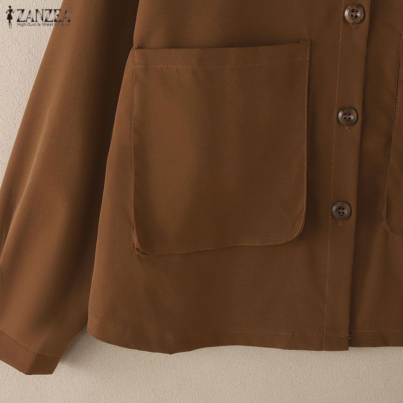 ZANZEA Women Casual Turn Down Collar Loose Long Sleeve Blouse