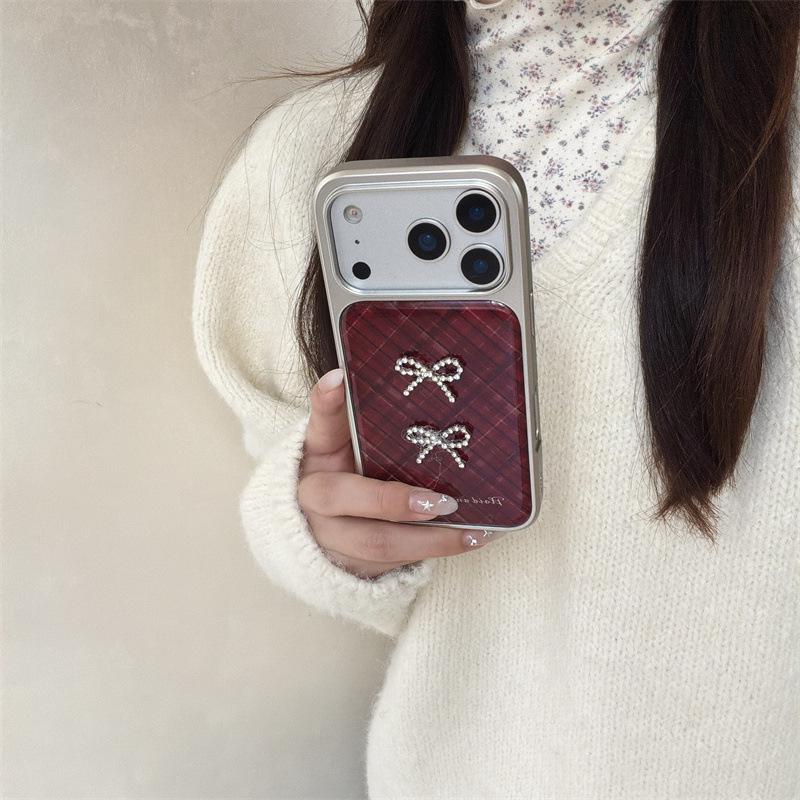 Korean Red Plaid 3D Bowknot Case for iPhone 17/16 Pro Max/15/14