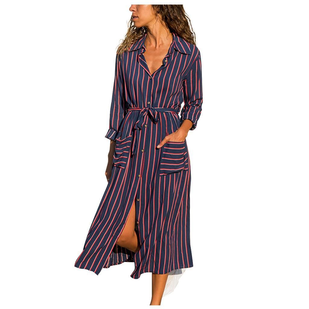 

Summer Women Long Sleeve Striped Print Button Bandage Waist Casual Dress L тёмно-синий