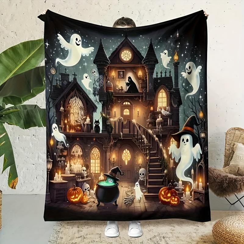 Spooky Halloween Flannel Blanket - Gothic Haunted House with Ghosts, Pumpkins, Witches & Bats Design, All-Season Cozy Sofa Throw