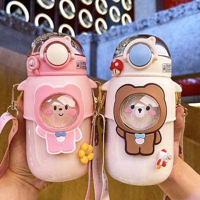 Kids Water Bottle With Straw Summer High Temperature Sticker Cute Plastic Water Cup Drink Portable Student Girl Outdoor
