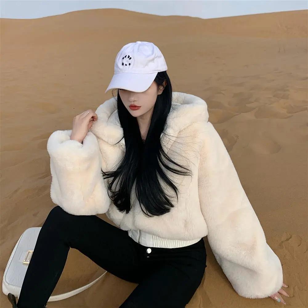 Furry Cropped Faux Fur Coats and Jackets Women Fluffy Top Coat with Hooded Winter Fur Short  Jacket