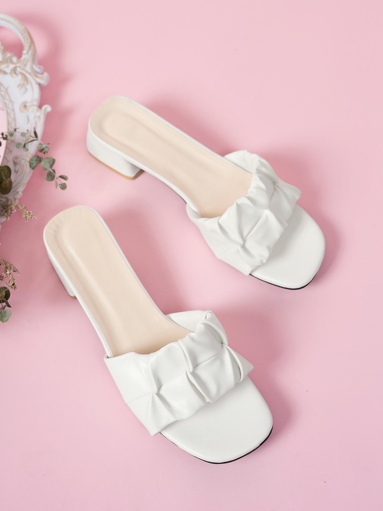 Women Summer Chunky Heel Slippers Pleated Square Toe Women Sandals Casual Elegant Ladies Sandals 35