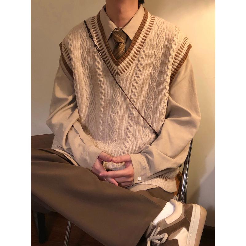 Preppy Style V-Ausschnitt Strickweste für Herren Frühling Herbst Neuer Stil Japanisch Retro Ärmelloser Pullover-Westen Pullover Weste Jacke