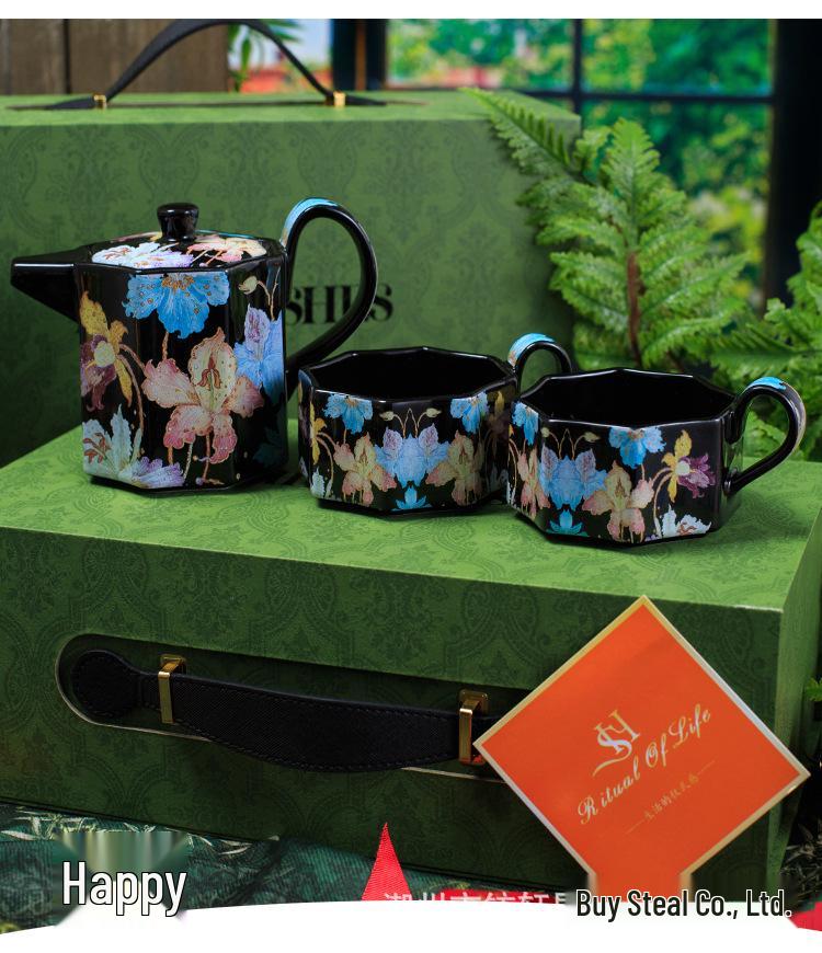 Vintage High-End Coffee Cup & Saucer Set, Octagonal Floral Mug Pair with Coffee Pot Gift Box