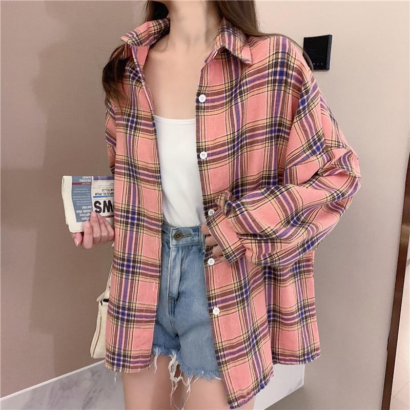 

HOUZHOU клетчатые рубашки женские корейские модные негабаритные повседневные кардиганы с длинными рукавами синяя блузка S розовый
