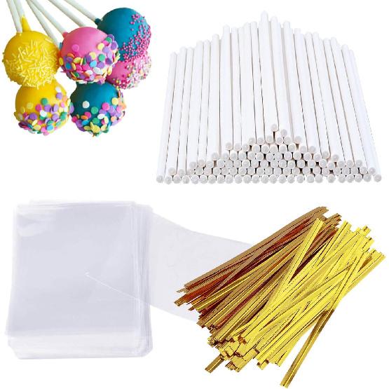 300 PCS Cake Pop Sticks and Wrappers Kit, Including 100ct 6-inch Paper Lollipop Sticks, 100ct Clear Candy Treat Bags Parcel, 100ct Gold Twist Ties 100 Sticks, 100 Bags, 100