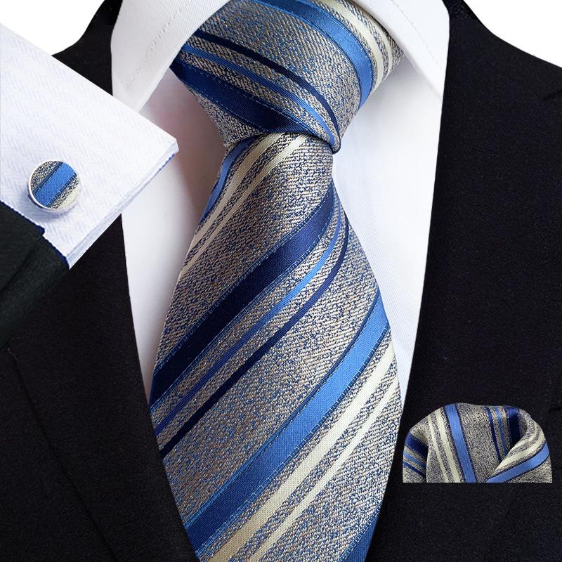 2025 Men's Retro Stripe Solid Tie, Pocket Square & Cufflinks Set