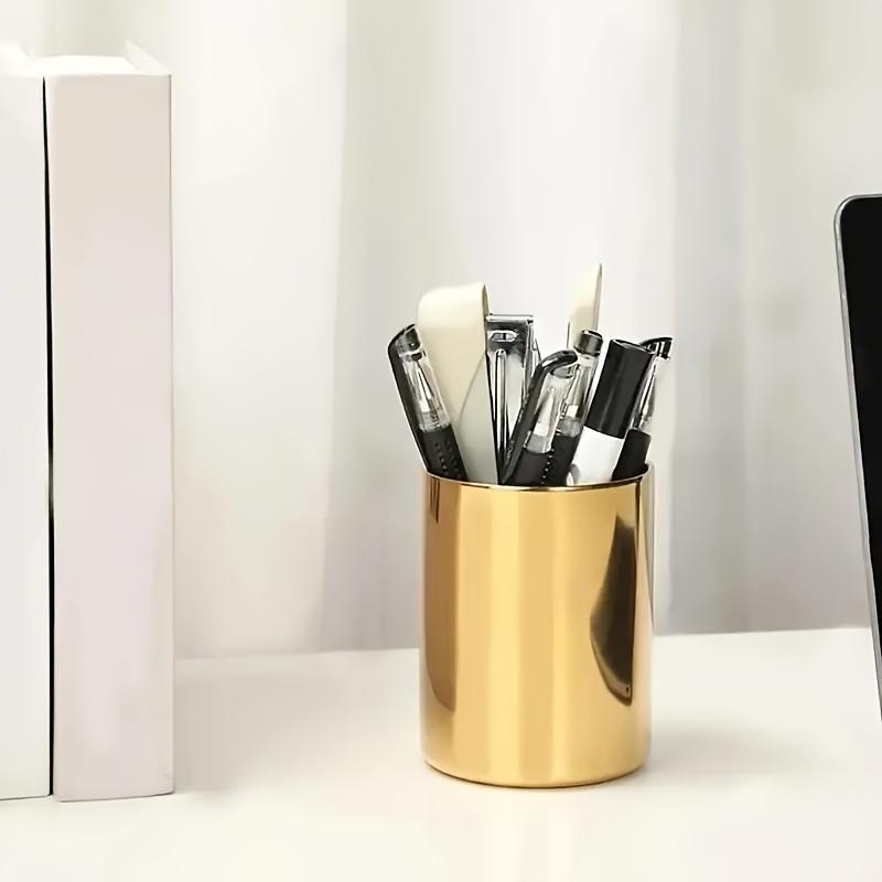 Golden Stainless Steel Desktop Organizer Box, Multi-Functional Pen Holder Container, Pencil Cup & Makeup Brush Holder