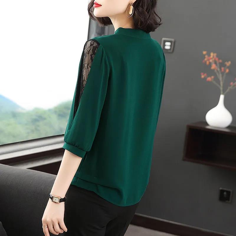 Women's Spring and Autumn Long-sleeved Chiffon Shirt Large Size Loose Solid Color Lace-up Top