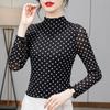 Women's Mock Neck Long Sleeve Polka Dot Mesh Top Slim Fit Sheer Nylon Fall Blouse
