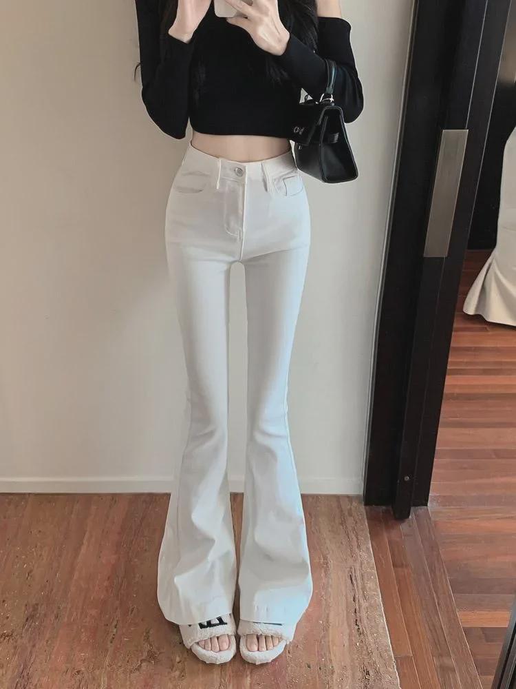 Γυναικείο Ψηλόμεσο Λευκό Παντελόνι Καμπάνα: Φθινόπωρο/Χειμώνας Ελαστικό Ευρύ Πόδι Ίσιο Παντελόνι