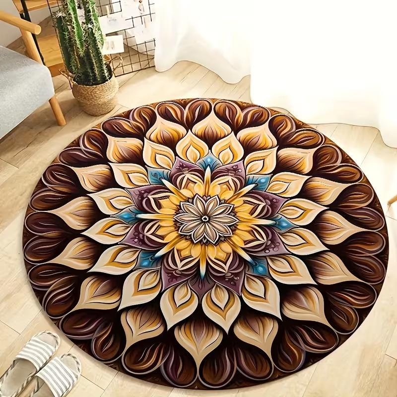 Boho Mandala Round Rug Visual Style Ethnic Lotus Sunflower Print Soft Non Slip Circle Mat for Living Room Bedroom Yoga Decor