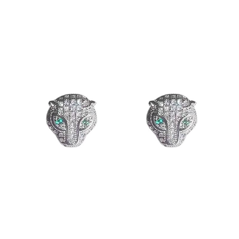 

925 Silver Delicate Full Zircon Leopard Head With Green Eyes Stud Earrings Micro Paved CZ Stone Classic Animal Earring Jewelry