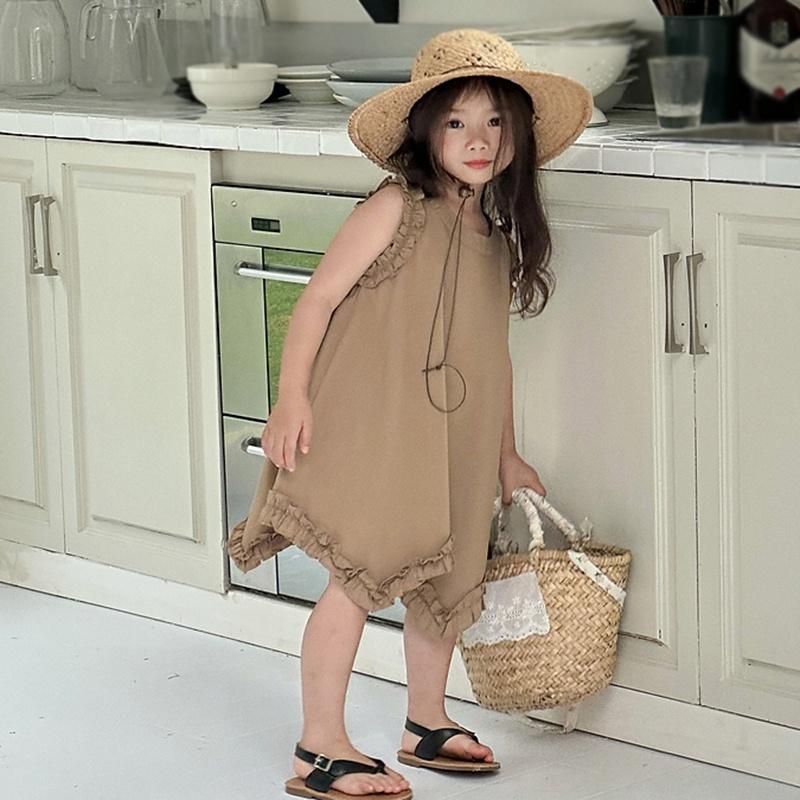 

Платье для девочек, летнее, с круглым вырезом, без рукавов, плиссированное, однотонное детское платье 7 хаки