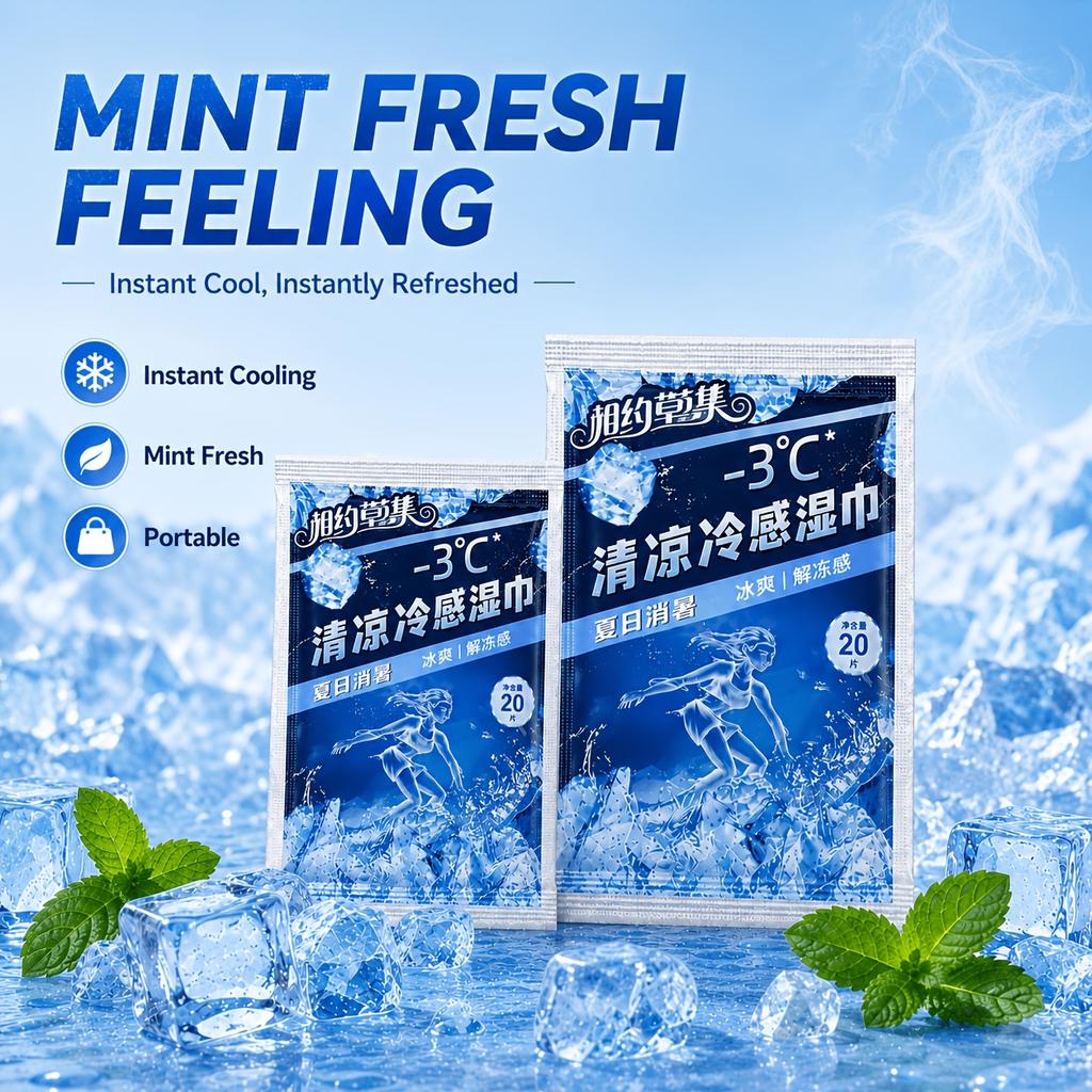 20Pcs Icy Cooling Body Wet Wipes Mint Refreshing Sweat Removal Cleansing Ice Wipes for Summer Heat Ice Cooler
