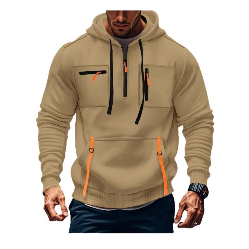 Mens Hooded Sweatshirt With Zippered Pockets Slim Fit Cotton Blend Casual Pullover