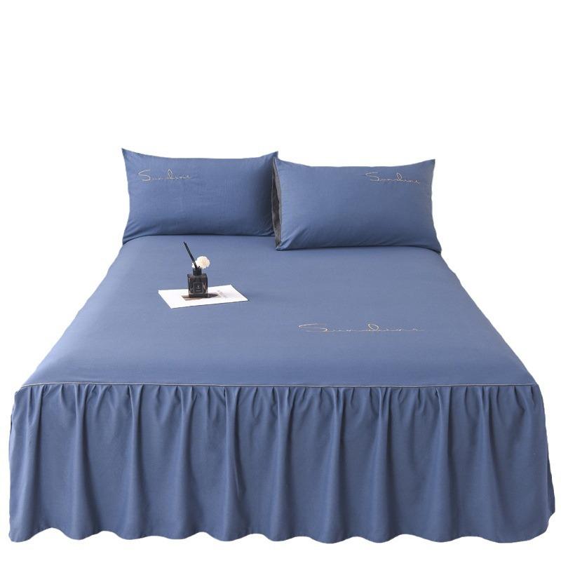 Solid Color Washed Cotton Lace Bed Skirt Mattress Protector