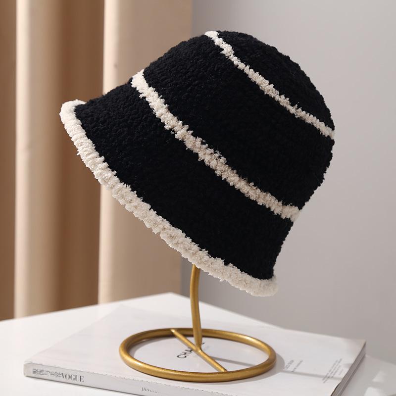 Lamb Wool Contrasting Color Striped Knitted Bucket Hat Women's Autumn and Winter Fashion Show Face Small Warm Fisherman Hat