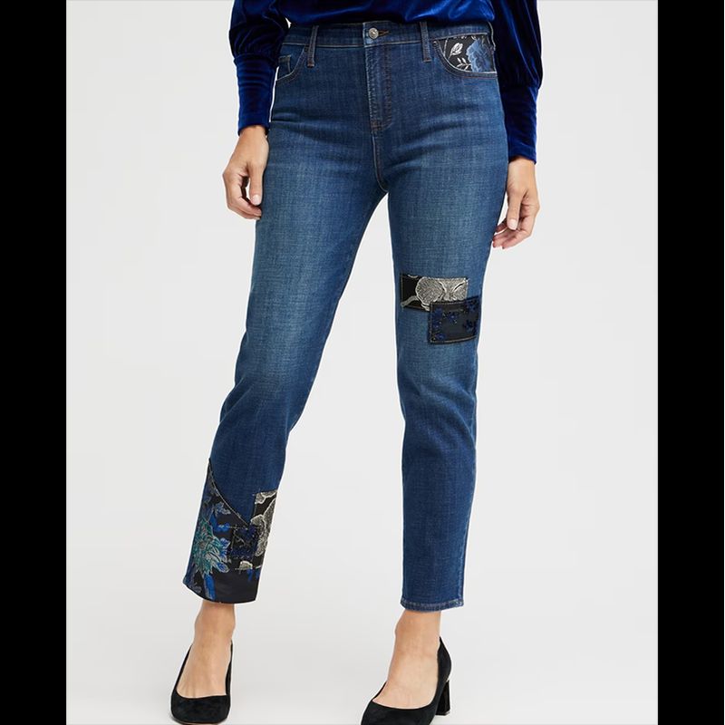 

Spring and Summer Export European and American plus Size Women s Clothes Embroider Patch Slim Looking Cropped Pants Denim High-Waisted Trousers Blue 3: Waist 94