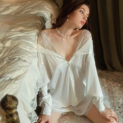 Lace Satin Shorts White Shirt Pajama Set Ice Silk Pajamas Women's Sexy Loungewear Boyfriend Style Shirt