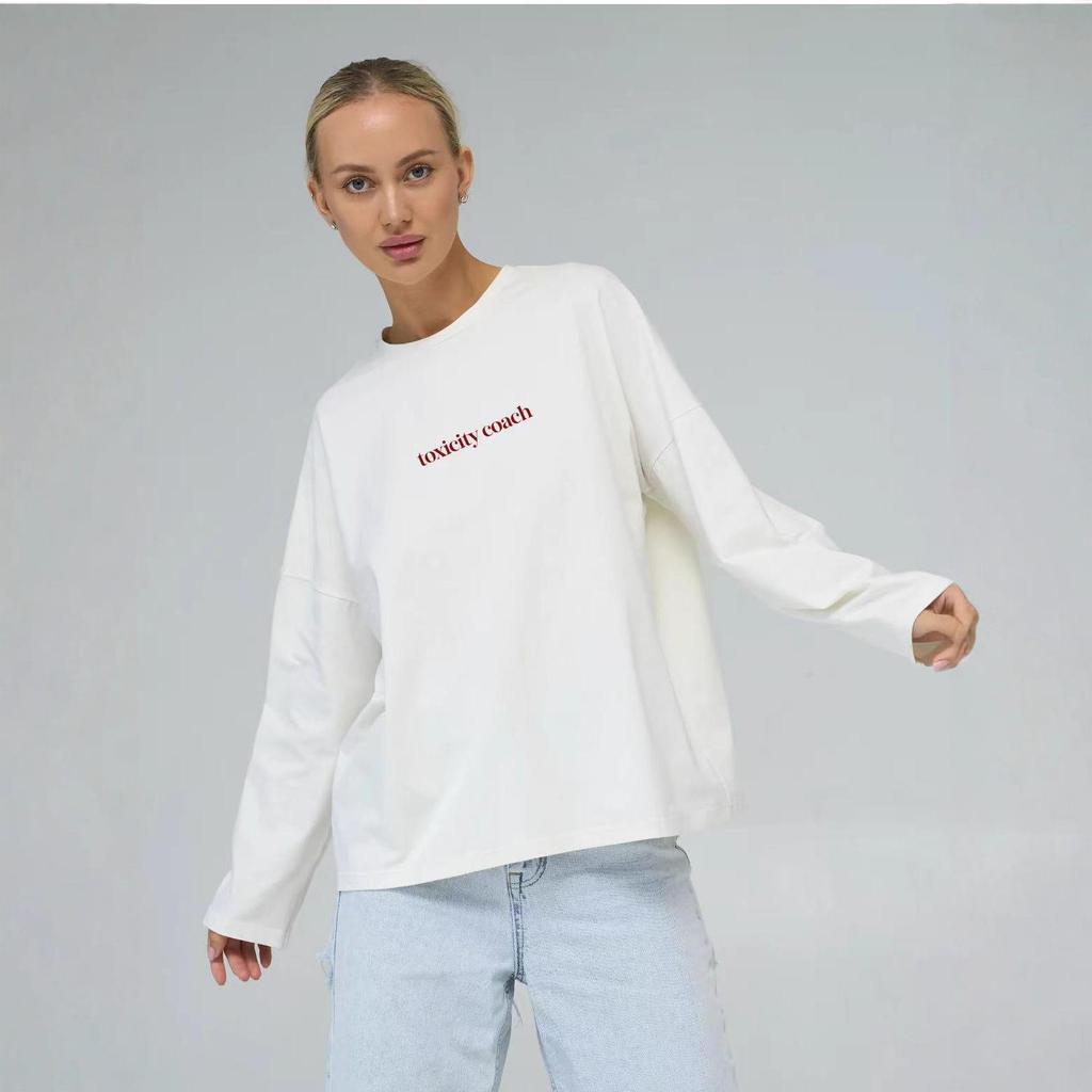 Vielseitiges Damen Langarm T-Shirt aus reiner Baumwolle in mittlerer Länge – Europäisch/Amerikanischer Herbststil