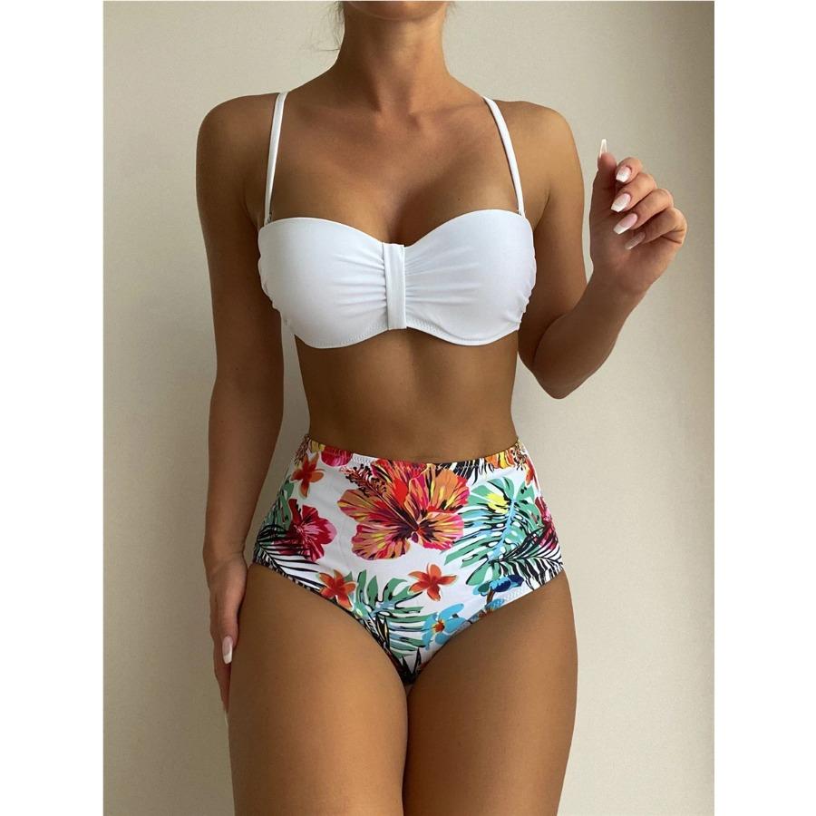 Sexy Solide Bandeau Bikini Set Frauen Tropical Gedruckt Bademode Weiblichen Push-Up Badeanzug Hohe Taille Badeanzug Krawatte Zurück Beachwear