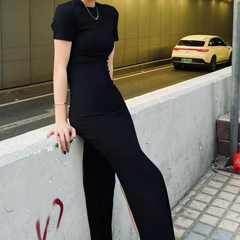 New Summer Short Sleeve Solid Slim Fit Sexy Dress Women Elegant Hip Hugging Casual Women's Long Dresses Vintage Split Stand Collar Female Dress 25992