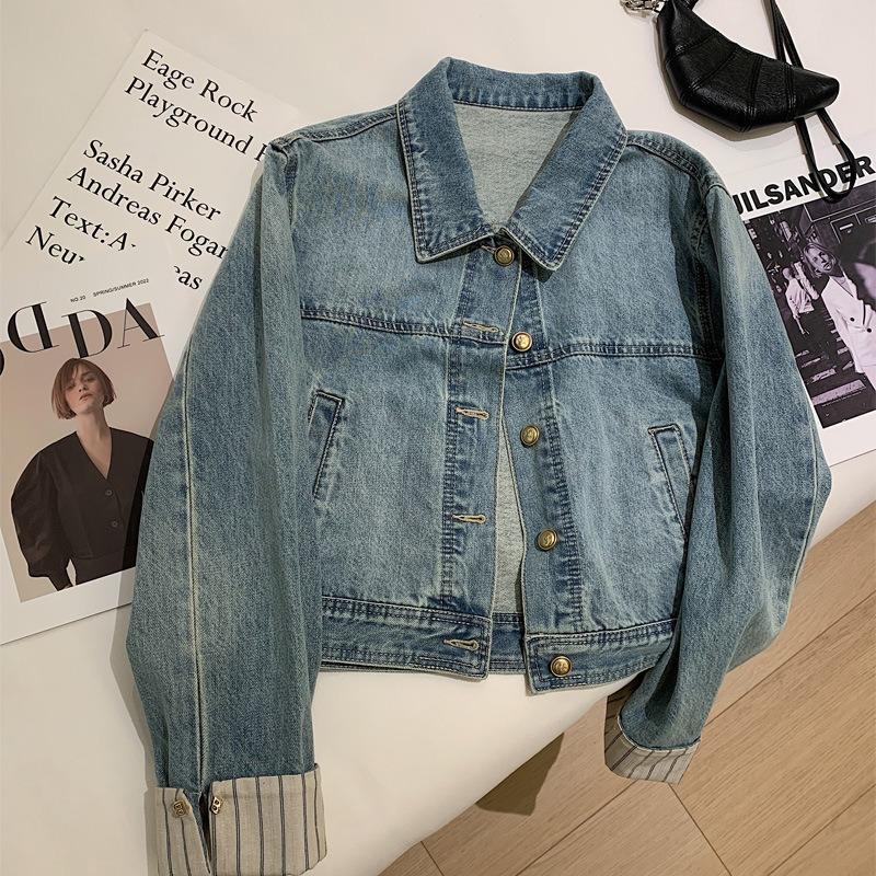 

Весенне-осенняя новая короткая джинсовая куртка с рукавами в клетку, женская свободная повседневная маленькая куртка, тренд XL светло-синий
