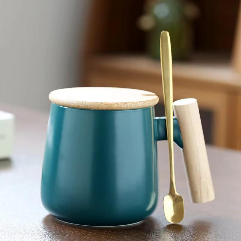 Nordic Ceramic Mug with Lid & Spoon - Wooden Handle, Ideal for Coffee, Office, or Gift with Logo Print.